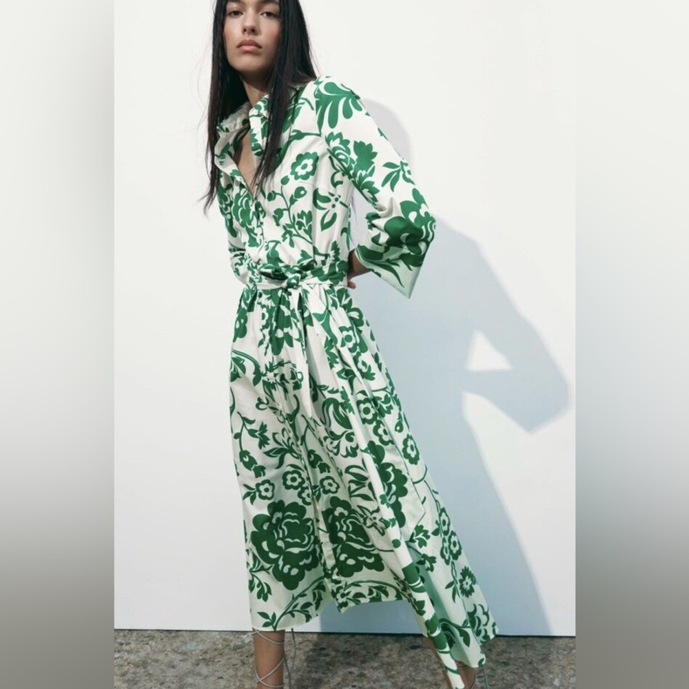 NWT Zara Floral Midi Dress Green midi shirt dress